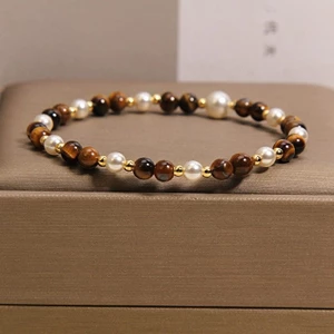 Vòng tay ngọc trai mắt hổ Maillard dành cho nữ - Mắt hổ + Ngọc trai + Hạt vàng - Fortune Luck Niche Luxury - Bestie Daily Wear