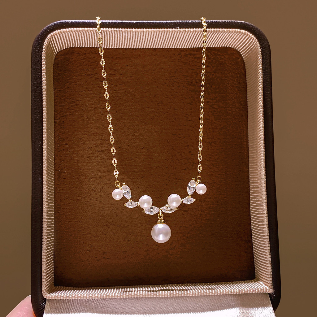 Vòng cổ mặt dây chuyền ngọc trai zircon vàng phong cách Pháp