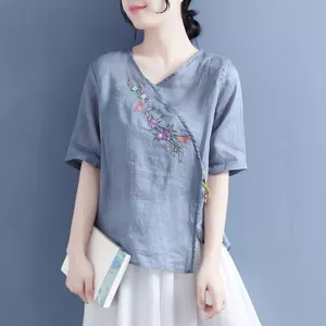 Vải Lanh Cotton Mỏng Top Nữ Phong Cách Dân Tộc Retro Ô Liu Nút Gỗ Hình Chữ Thập Thêu Rời Nửa Tay Áo Sơ Mi 5.26