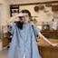Quần áo nữ cỡ lớn béo mm Nhật Bản cổ điển nữ kẻ sọc xanh cổ đứng Áo sơ mi ngắn tay mùa hè Top 2
