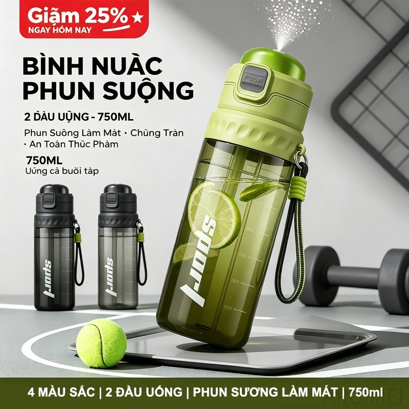 750ml Thể thao Chai nước Spray 2 Head Water Dispenser Với Cover, Leakproof Chất liệu nhựa, PC PP， An toàn thực phẩm Phòng tập thể dục Chạy đa chức năng Du lịch thuận tiện với đầu nguồn