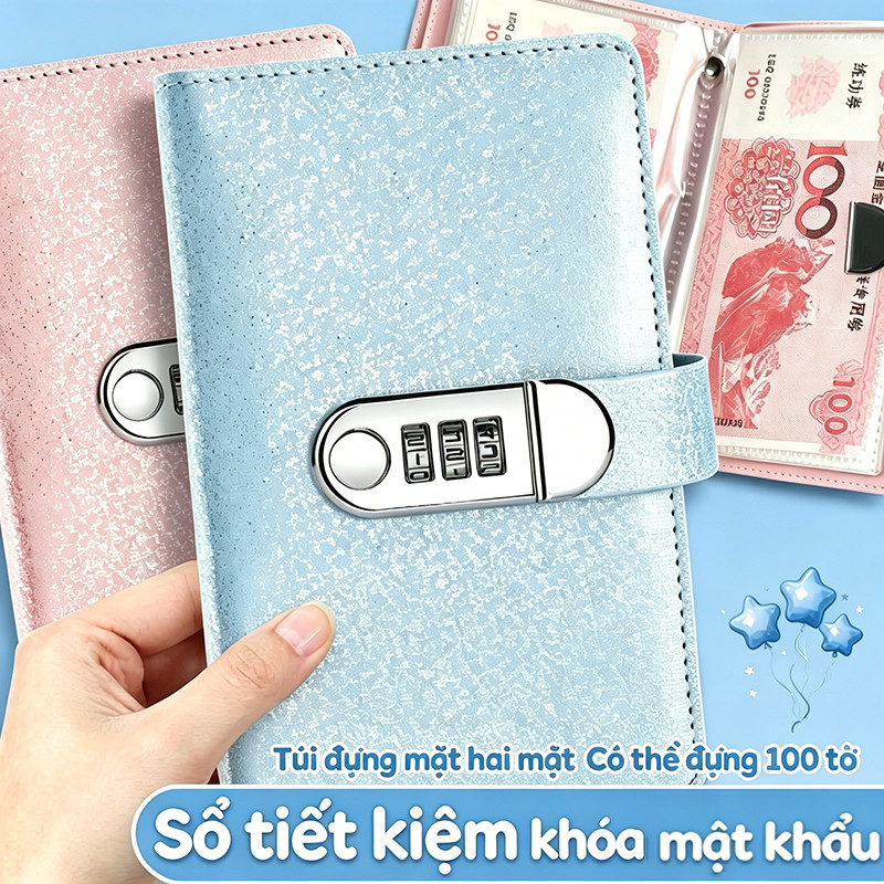 Sổ tiết kiệm đựng tiền 100 ngày lấp lánh có khóa mật mã giữ tiền tạo thói quen tiết kiệm thông minh