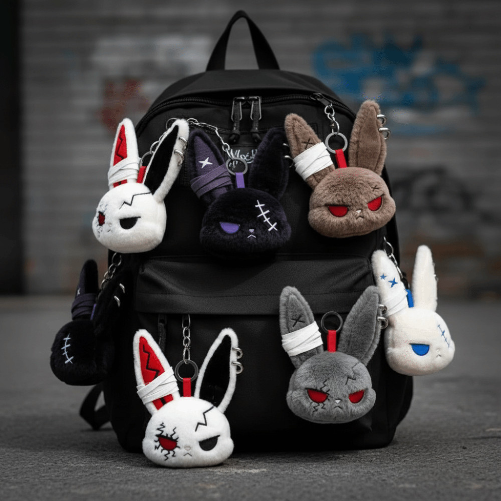HOBBYIN Dark Bunny Móc khóa búp bê thỏ thêu, thiết kế dễ thương, thân thiện da, phong cách Gothic, charm túi mang hàng ngày
