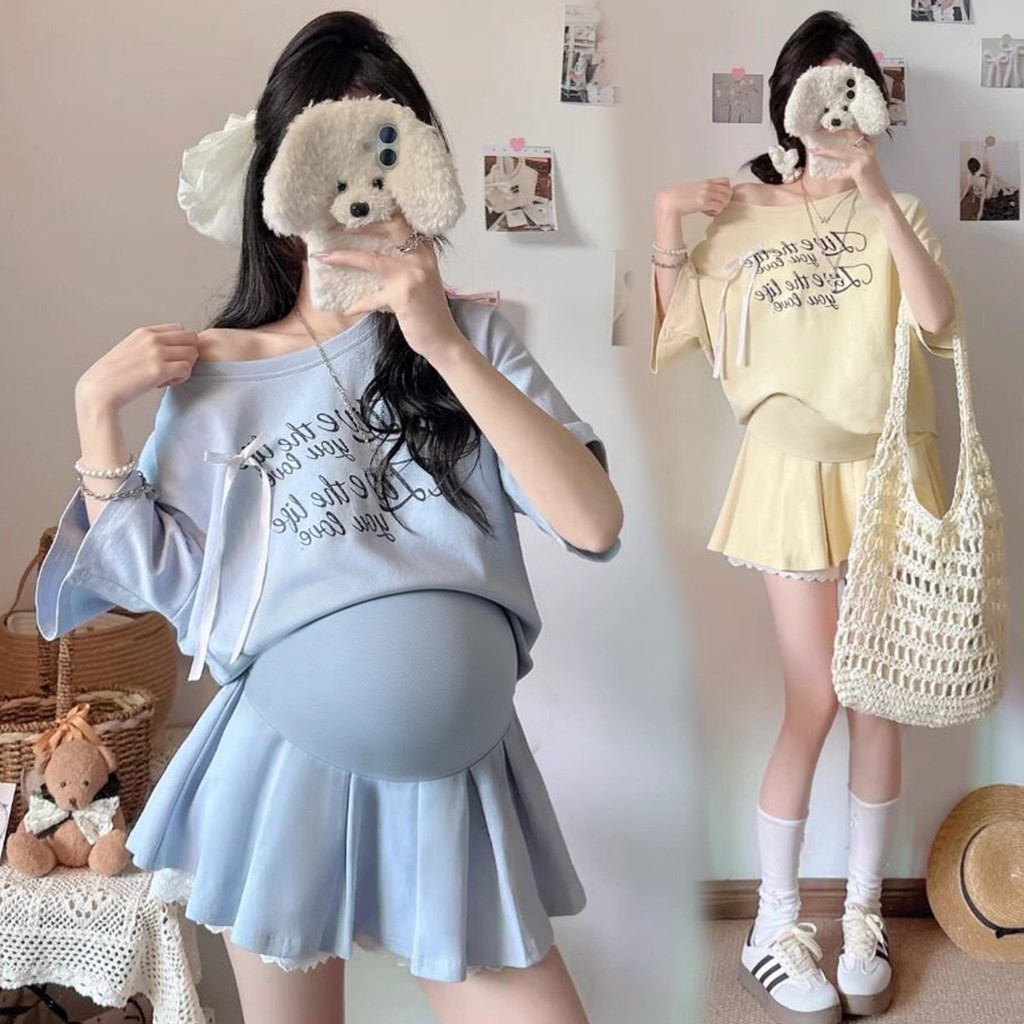 Bộ đồ bà bầu Áo thun ngắn tay bướm mùa hè + Váy xếp li Bộ đồ hai mảnh