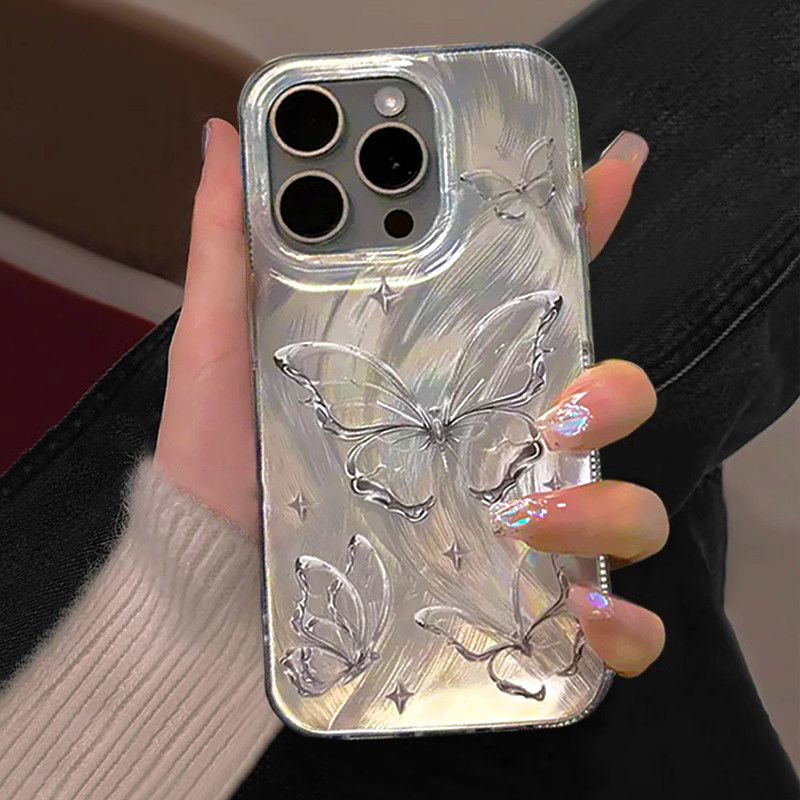 Ốp lưng bướm bạc cao cấp phong xuân cho iPhone 17/16/15/14Vỏ lông vũ