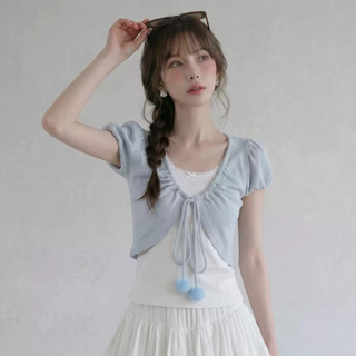 Set Áo Thun Nữ 2 Lớp Tay Phồng Buộc Dây Xếp Ly Croptop Ôm Dáng Tiểu Thư Hàn Quốc Mùa Hè