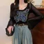 Retro Bướm Thêu Cổ Tròn loe Dài Tay Dệt Kim Nữ Xuân Thu Thiết Kế Ngắn Lười Rời Đáy Áo Sơ Mi