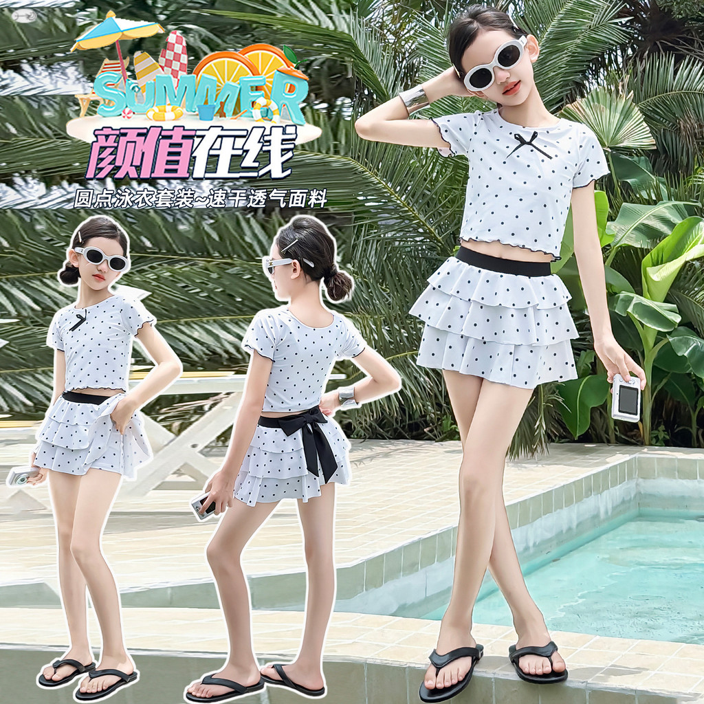 Bé Gái Chấm Bi Đồ Bơi Mùa Hè Phong Cách Mới Trẻ Em Áo Tay Ngắn + Nơ Bánh Váy Bơi