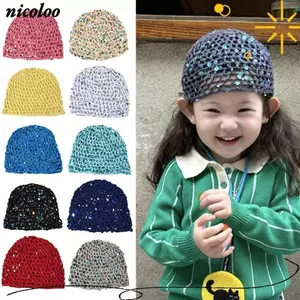 Mũ beanie chui đầu cho bé NICOLOO, Cấu trúc lưới lưới cá thoáng khí Mũ lưới rỗng đính cườm, Vải dệt kim nhẹ Lưới cá cỡ nhỏ Mũ dệt kim cho bé