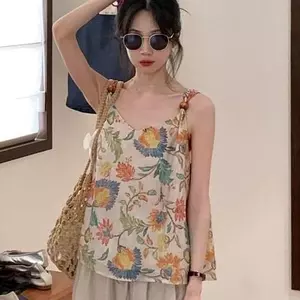 Mùa Hè 2026 Phong Cách Mới Hàn Quốc Retro Hoa Sling Áo Sơ Mi Nhỏ Nữ Phong Cách Kỳ Nghỉ Ngọt Ngào Dễ Thương Top