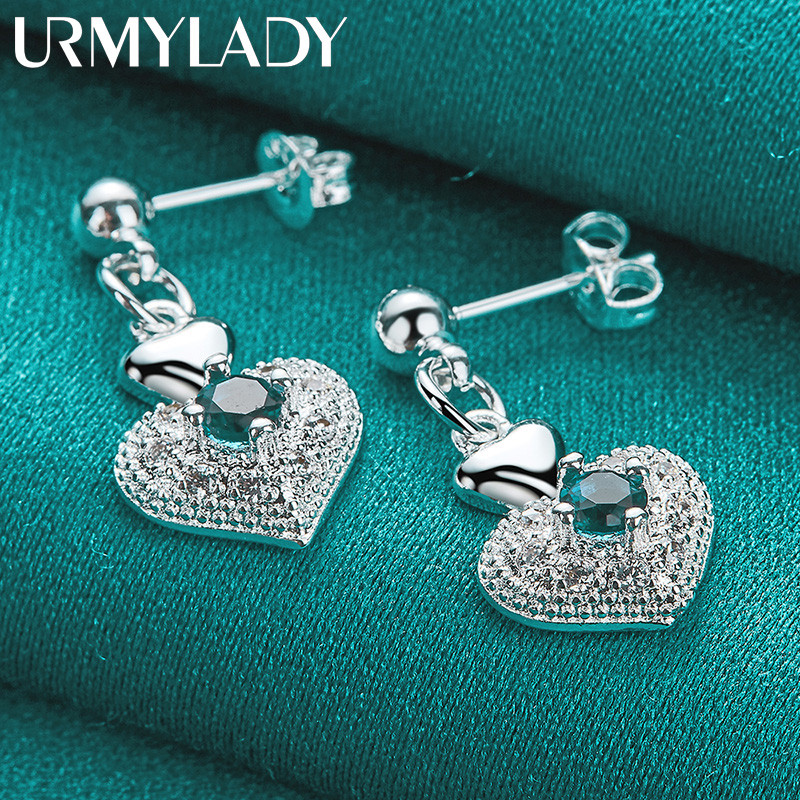 URMYLADY Bạc 925 Trái Tim Zircon Bông Tai Dành Cho Nữ Tiệc Cưới Thời Trang Quyến Rũ Trang Sức