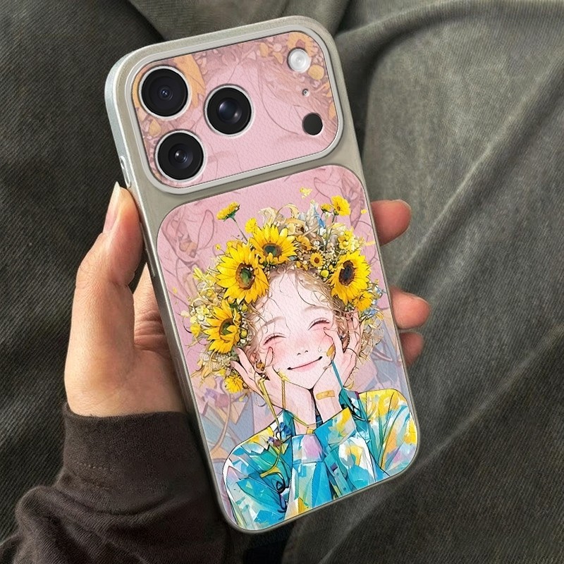 Ốp lưng cô gái vòng hoa hướng dương hồng phấn, chống sốc xinh hot cho nữ Camera Cấp iPhone 17/16/15/14/13/12/11/X/XS M