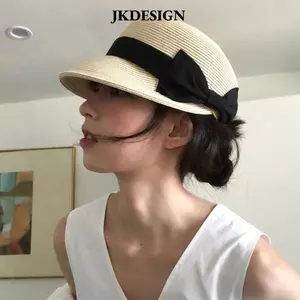 Mũ rơm JKDESIGN vành rộng thoáng khí, màu trơn với nơ đẹp mắt cho ngày chống nắng