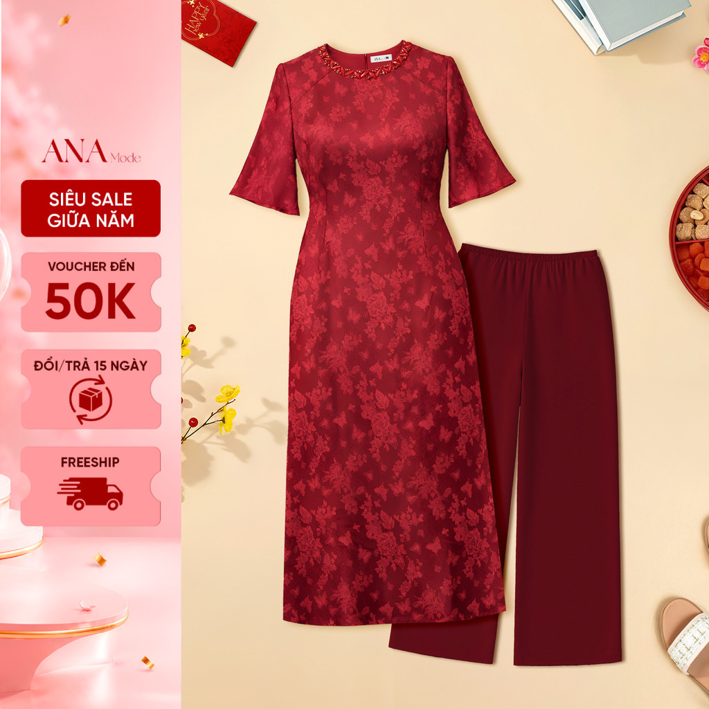 Áo Dài Kết Cườm Trung Niên ANA Mode Chất Liệu Gấm Cao Cấp Thanh Lịch Quà Tặng Mẹ AD25VHG24
