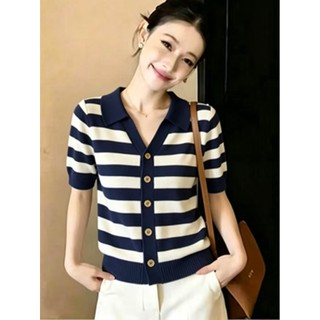 Dệt Kim Tay Ngắn Nữ Sọc Mỏng Hơn Nhìn Ve Áo Sang Trọng Văn Phòng Áo Thun Phiên Bản Hàn Quốc