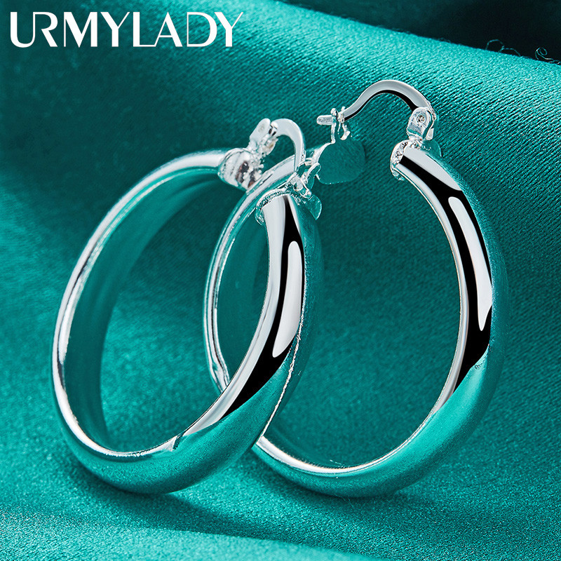 URMYLADY Bạc 925 Tròn Mịn Vòng Bông Tai Tai Vòng Tai Cho Nữ Thời Trang Quyến Rũ Cưới Đính Hôn Trang Sức