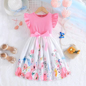 Giao hàng nội địa Việt Nam. Thích hợp cho bé gái Váy 4 đến 10 tuổi, tay ngắn, họa tiết bướm hồng, được trang bị thắt lưng trang trí có thể tháo rời, váy công chúa, quà tặng sinh nhật bé gái, quà tặng lễ hội mùa xuân.
