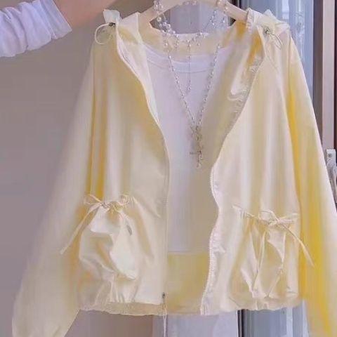 [Giảm giá trong thời gian có hạn] Áo khoác chống nắng có mũ trùm đầu ren mỏng mùa hè thời trang Thiết kế nơ bỏ túi mỏng hơn