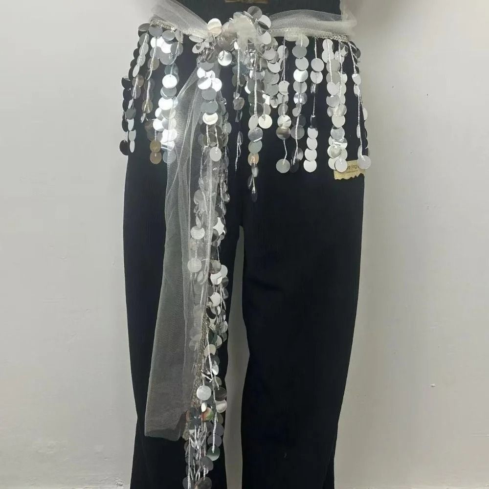 TRACEILLOIAN Tua Rua Quấn Eo, Lưới Đế Vải Có Thể Điều Chỉnh Dây Buộc Sequin Hip Khăn, Hip Hop Tua Rua Dài Viền Bất Đối Xứng Cắt Cymbal Kim Sa Lấp Lánh Sân Khấu Dây Xích Eo Hiệu Suất Kpop
