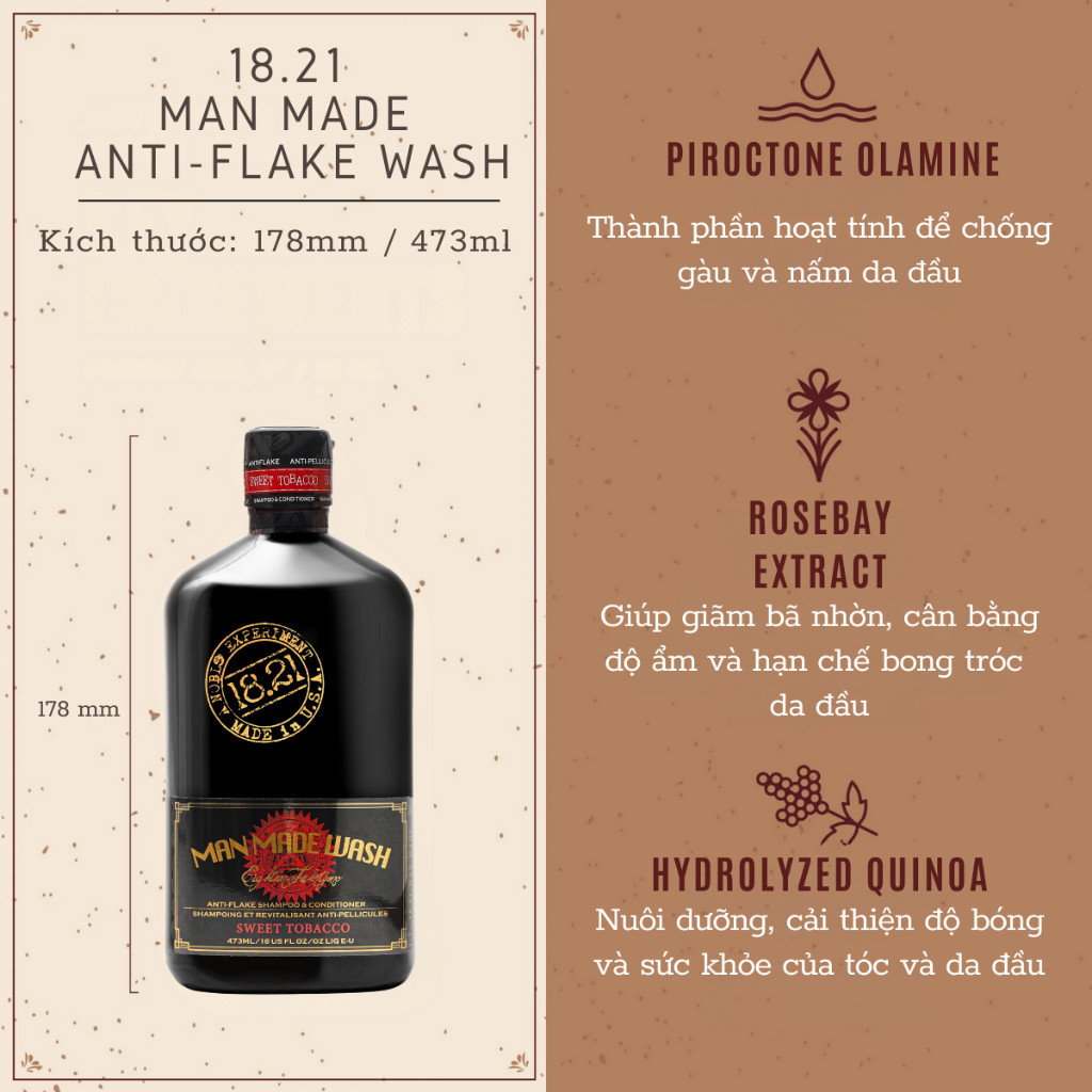 Dầu Gội Xả 2 in 1 ngăn ngừa gàu 18.21 Man Made Anti-Flake Sweet Tobacco Wash 473ml [ MK ]