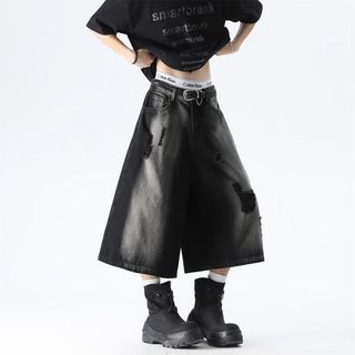Quần crop denim đau khổ cao cấp phong cách đường phố cổ điển dành cho nam và nữ