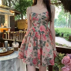 Váy yếm in hoa lưng cao, giảm béo dành cho nữ, váy ngắn chữ A