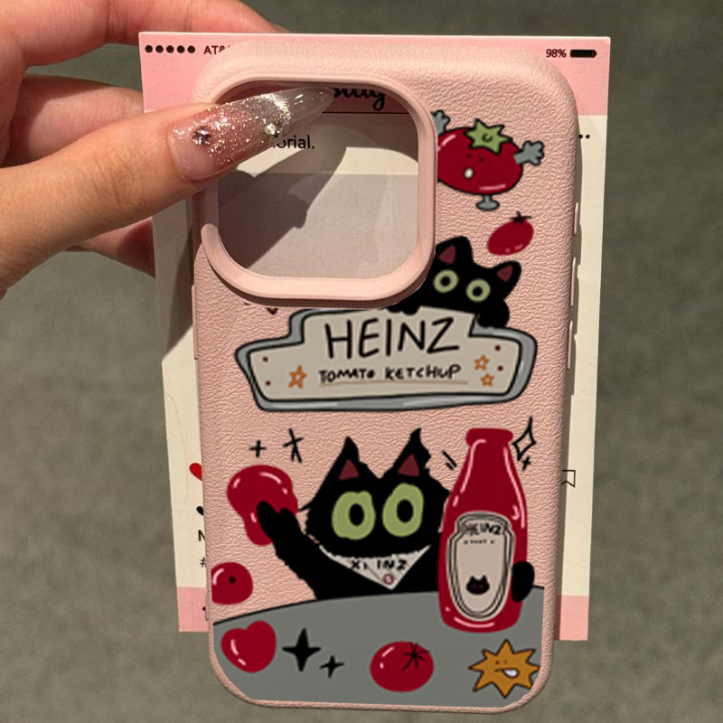 Ốp Lưng Cho OPPO A3 A5 A6 PRO A3X A40 RENO 11F 11 10 PRO 7Z 8 5G Mèo Cà Chua Đen Dễ Thương Mềm Mờ Da PU Hoạt Hình