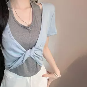 JULYHOT Mùa Hè Giả Hai Mảnh Màu Sắc Tương Phản Khâu Áo Thun Ngắn Mỏng Cố Định Miếng Lót Ngực Xoắn Đa Năng Top Massivedeals