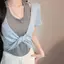 JULYHOT Mùa Hè Giả Hai Mảnh Màu Sắc Tương Phản Khâu Áo Thun Ngắn Mỏng Cố Định Miếng Lót Ngực Xoắn Đa Năng Top Massivedeals