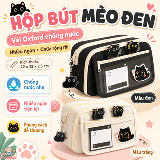 Hộp bút mèo đen – Vải Oxford chống nước, phong cách Ins – Nhiều ngăn, chứa rộng rãi – Ngăn trước trong suốt