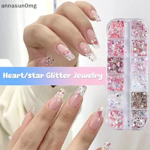 AA Lấp Lánh Kim Sa Lấp Lánh Hỗn Hợp 12 Lưới Hình Trái Tim Ngôi Sao Nhiều Màu Sắc Móng Tay Kim Sa Lấp Lánh Cho Máy Lắc Móng Tay Nghệ Thuật Flakies Paillette Làm Móng Tay VN