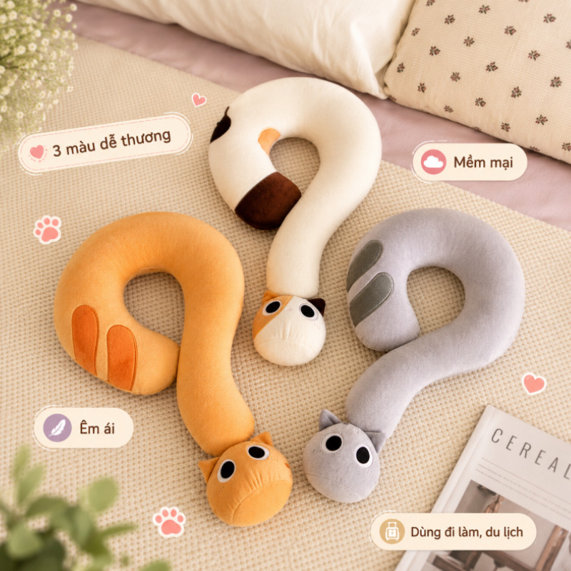 Gối Tựa Đầu Hình Dấu ?,Mũ Gối Cổ Hình Mèo Dễ Thương,ruột Bông êm ái,mềm Mại Thoải Mái