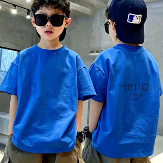 Áo thun bé trai ngắn tay in chữ Hello và cười, cotton mềm thoáng khí, thời trang cho bé đi học đi chơi
