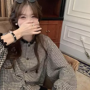 Áo sơ mi kẻ sọc cổ điển kiểu Pháp khâu ren mùa xuân phong cách mới Áo dài tay dáng rộng mùa thu