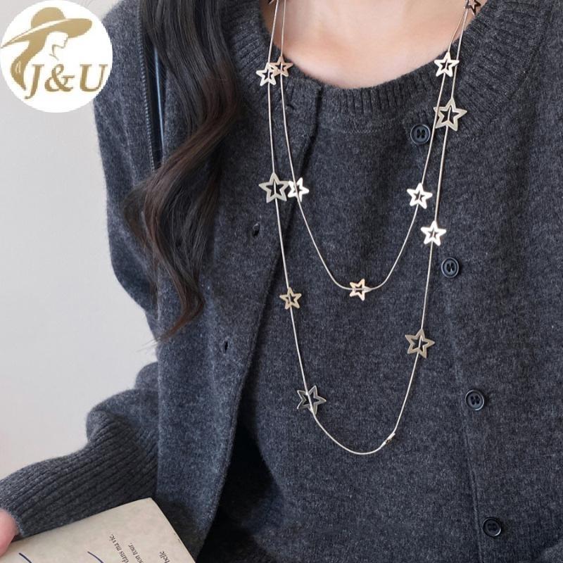 JU Sliver Màu Rỗng Ngôi Sao Năm Cánh Dài Hai Lớp Nelace Dành Cho Nữ Tính Khí Cá Tính Dây Chuyền Áo Len VN