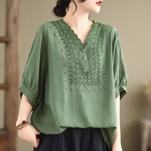 Văn Học Cảm Giác Size Lớn Vải Lanh Cotton Áo Thun Nữ Retro Rời Ba Phần Tư Tay Áo Mẹ Mặc 5.26