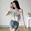 Hợp Thời Trang In Off-Waist Short Top xiên Vai Độc Đáo May Không Đều Viền Nhóm Cô Gái Khiêu Vũ Hàng Ngày Áo Thun Phù Hợp