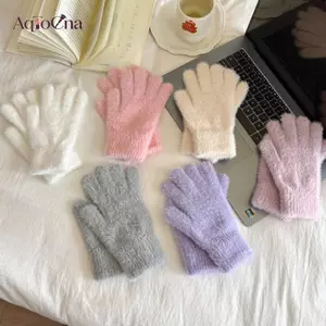 AqToCna Giả Lông chồn Găng Tay Dệt Kim Mùa Đông Ấm Áp Thi Nhung Năm Ngón Găng Tay Nữ Ngoài Trời Đi Xe Đạp Màu Trơn Găng Tay AqToCna