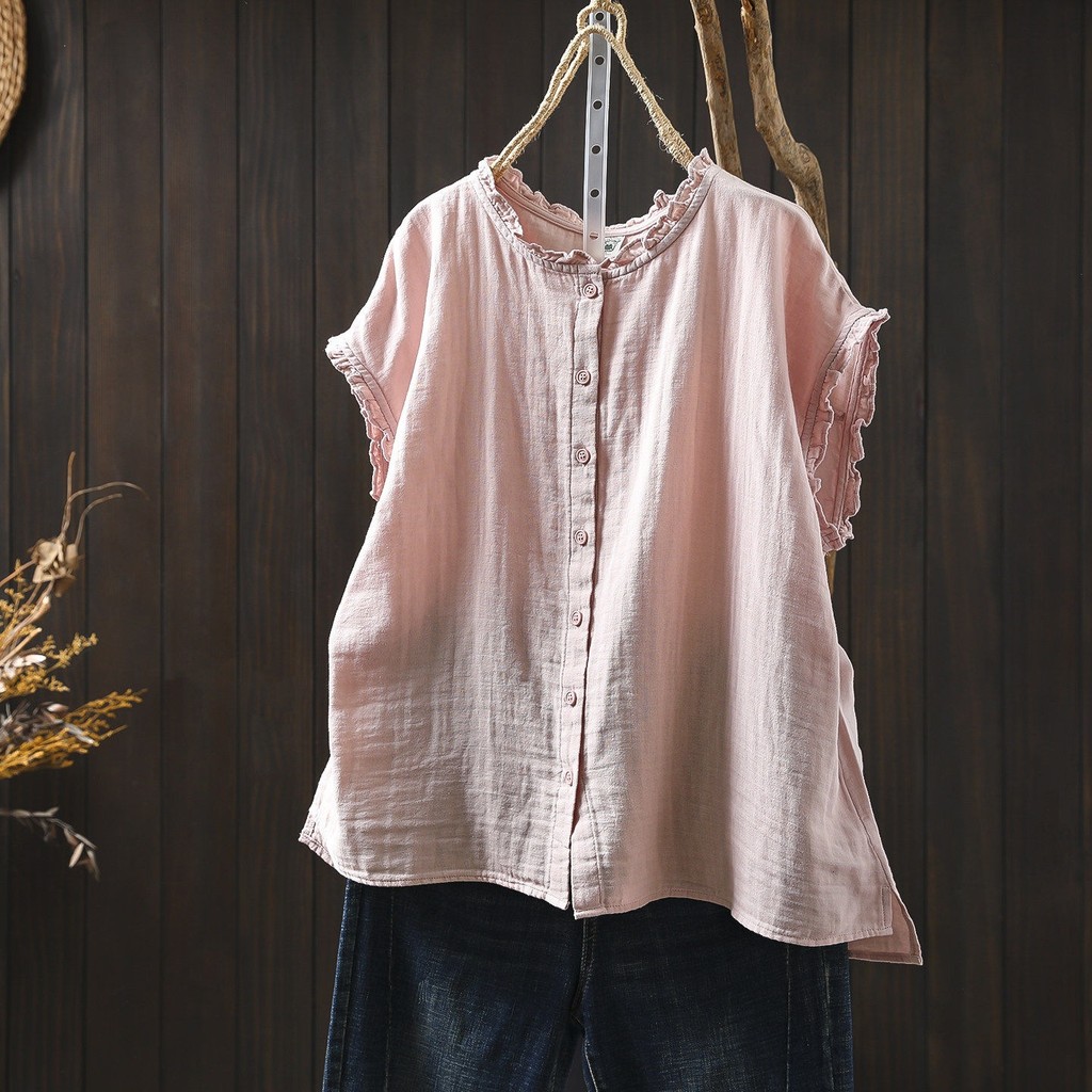[Sẵn sàng] Áo sơ mi nữ chất liệu cotton cao cấp, dáng rộng tay ngắn, mùa hè, thiết kế bay nhỏ trẻ trung