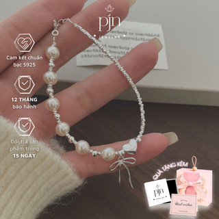 Lắc Tay Bạc Nữ S925 Vòng Tay PJN Dây Bạc Vỡ Charm Trái Tim Bi Tròn Mix Nơ Và Đá Ngọc Trai Xinh Xắn VT11