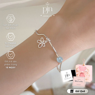 Vòng Tay Nữ Bạc Đá Mặt Trăng Charm Hoa, Lắc Tay Thiết Kế Uốn Lượn Thanh Mảnh Phá Cách PJN Dành Cho Nàng