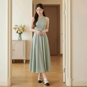 Váy Cổ Yếm Dáng Dài Xòe Chất Chéo Tiểu Thư Hàn Quốc Thanh Lịch Nữ Tính V168