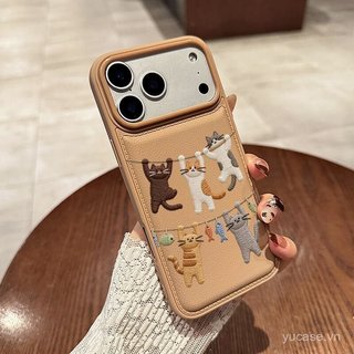 Ốp Điện Thoại Da Giả Thêu Giá Phơi Treo Mèo Thích Hợp Cho iPhone 11 12 13 promax 14 15 16 17 pro max 16promax 15promax 14promax 15plus Ốp Chống Sốc