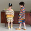 Bộ đồ trẻ em Phiên bản Hàn Quốc Quần Short ngắn tay sọc đầy màu sắc Bộ đồ hai mảnh dành cho trẻ em Bộ đồ thường ngày cổ tròn