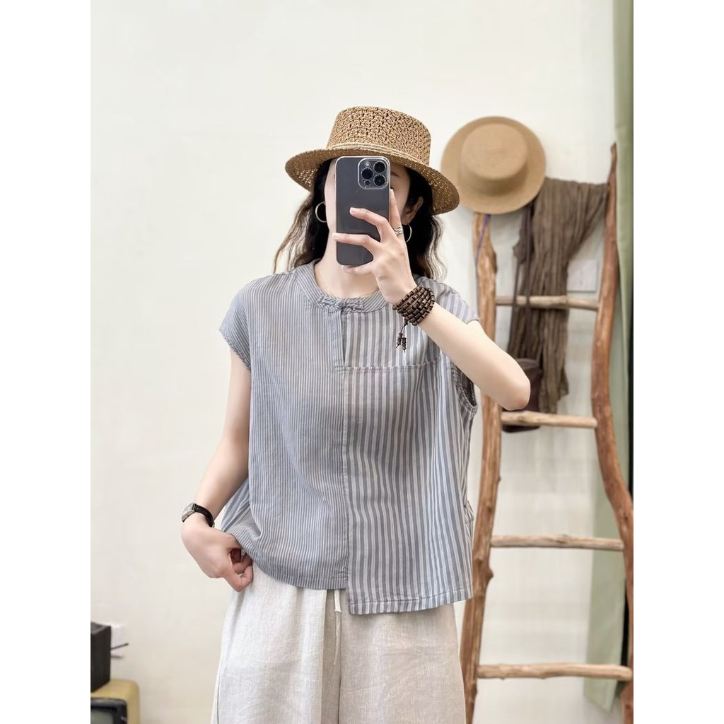 [Hàng có sẵn] Áo sơ mi nữ Cotton chất lượng cao Khâu sọc, Áo chui đầu viền không đều, Tay ngắn
