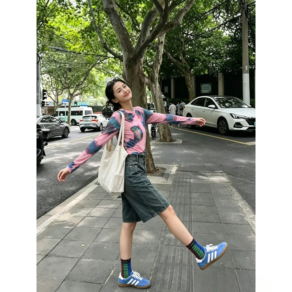 Milyfashion Loose Cao Cấp Tay Dài T Mùa Hè Phong Cách Mới Cổ Tròn Gạc Tie-Dye In Mực Smudge Kem Chống Nắng Đế
