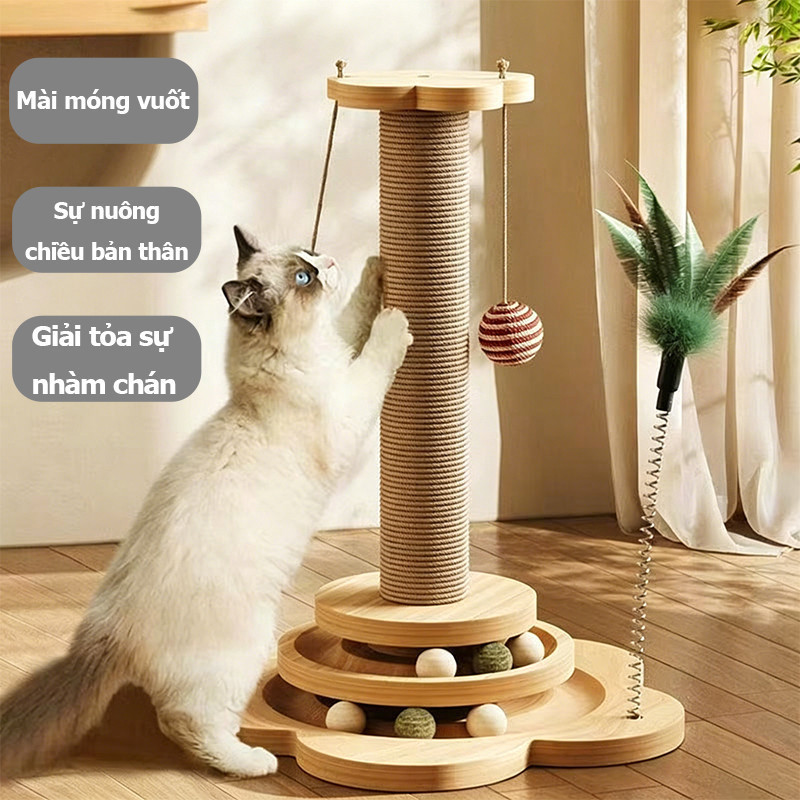 Trụ cào móng kèm đồ chơi bóng,5 trong 1,Giúp mèo cào móng và vui chơi thỏa thích,Giá leo mèo, có lông vũ