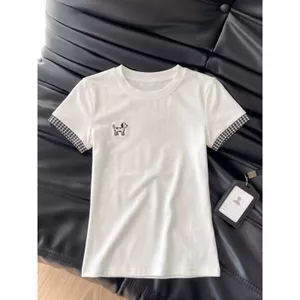 Áo thun kẻ sọc thêu chó con Mỹ Thiết kế mùa hè ngắn tay Phiên bản Hàn Quốc Slim-fit Phong cách Hàn Quốc Slimer Look Hot Girl Top