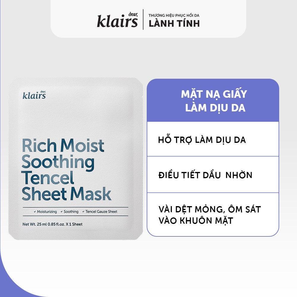 Combo 5 Mặt nạ giấy Dear Klairs Rich Moist Soothing Tencel Sheet Mask 25 ml [FS]