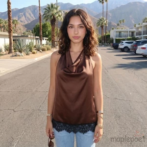 MAPLEPOET-Nữ Thanh Lịch Ren Viền Không Tay Mở Lưng Thắt Lưng Dây Lưng Cổ Satin Tank Tops